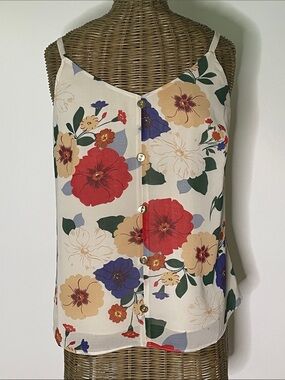 CAbi Cream Floral Button-Front Cami with Red, Blue & Gold Blooms S NWOT